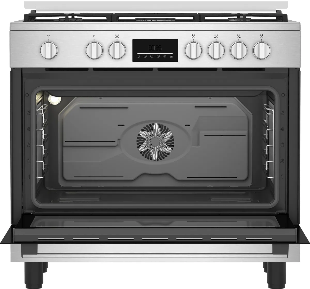 Beko Cocina de gas 90 x 60 cm, BGM11226EX, serie bPRO 500, horno multifunción 111L, placa de cocción de 5 fuegos con triple corona, rejillas de hierro fundido, control táctil, inoxidable/negro, clase