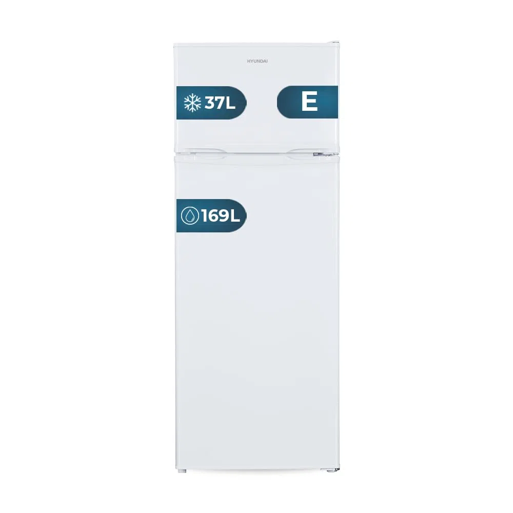Hyundai Frigorífico Estandar Blanco, 2 Puertas HFG14355E01, Capacidad 206 Litros, Cíclica, Bajo Nivel Sonoro, Puerta Reversible, Clasificación Energética E