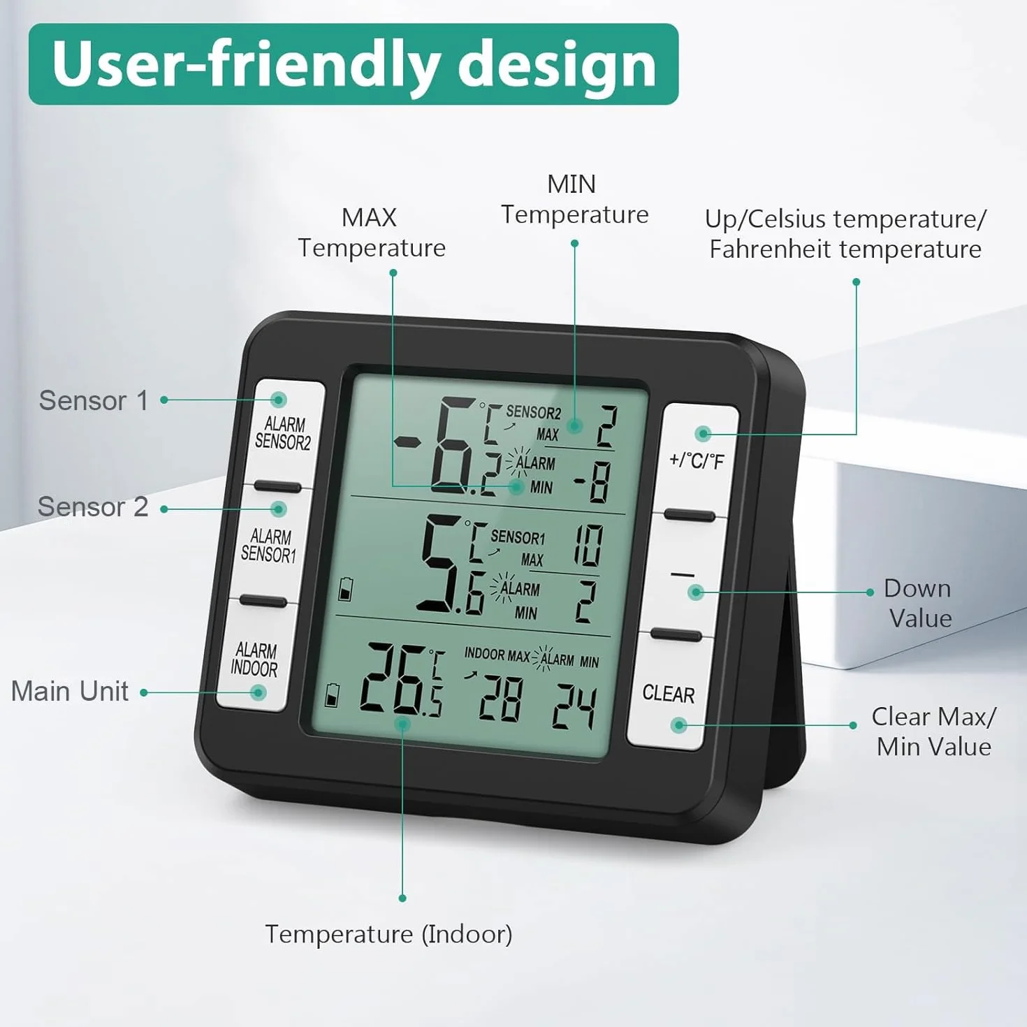 ORIA Termómetro Refrigerador Congelador Digital 2 Sensores Pantalla LCD Alarma Audible Registro Max/Min Negro