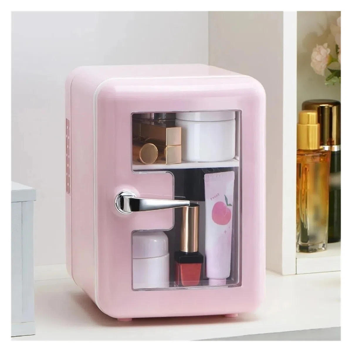 Mini refrigerador portátil Multifuncional de 4 l/6 latas, silencioso, con Ventana Visible, for Maquillaje y Cuidado de la Piel.(Pink)