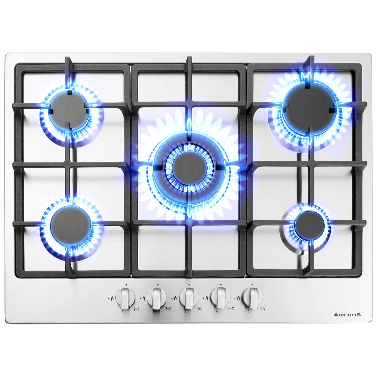 Arebos Placa de Cocina de Gas con 5 fogones | Acero inoxidable | Incluye rejilla y piloto de seguridad | Autosuficiente| Encimera Apta para gas natural y propano