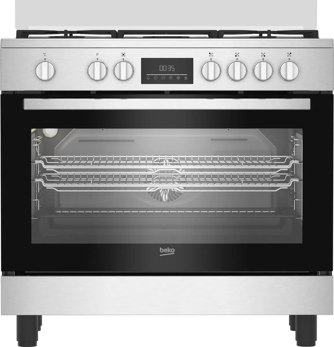 Beko Cocina de gas 90 x 60 cm, BGM11226EX, serie bPRO 500, horno multifunción 111L, placa de cocción de 5 fuegos con triple corona, rejillas de hierro fundido, control táctil, inoxidable/negro, clase