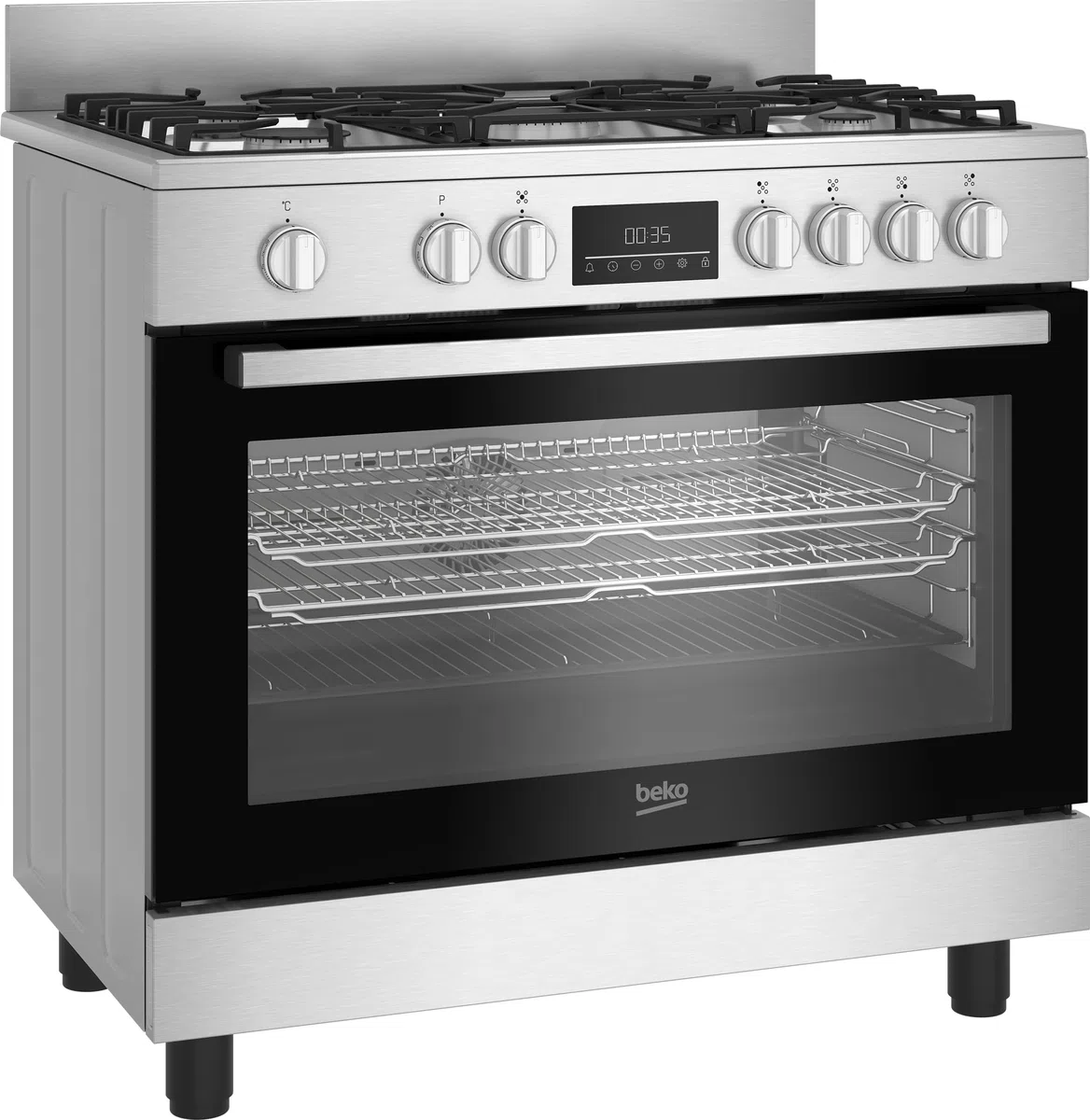Beko Cocina de gas 90 x 60 cm, BGM11226EX, serie bPRO 500, horno multifunción 111L, placa de cocción de 5 fuegos con triple corona, rejillas de hierro fundido, control táctil, inoxidable/negro, clase