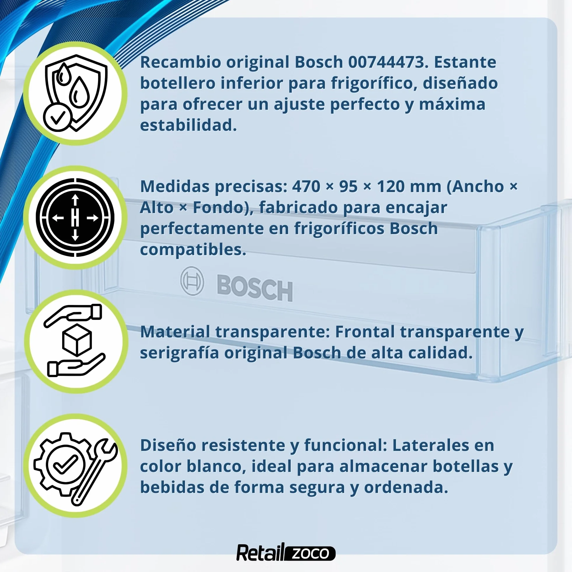 Estante Botellero Frigorífico compatible con Bosch, 442 x 124,9 x 100 mm