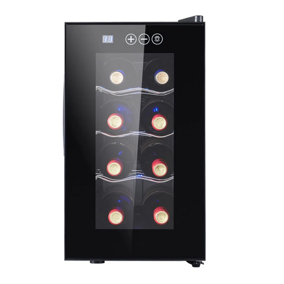 Enfriador Cava de Vinos para 8 Botellas con Panel de Control Digital, Evita Vibraciones, Iluminación LED, 8-18℃ Nevera Vinos con Estantes Extraíbles, 23L, Vinotecas Pequeñas, Negro