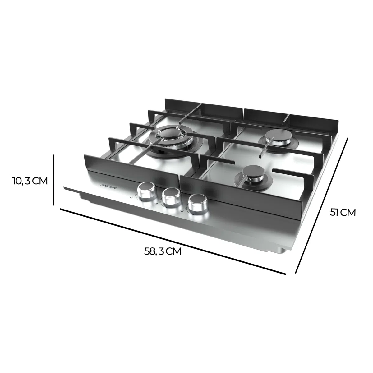 Cecotec Placa de Gas de 3 Fuegos Bolero Squad G 3400F Inox, 6,2kW, Acero Inoxidable, Parrillas Hierro Fundido, Quemador WOK Triple, Encendido Electrónico, Seguridad Válvulas, accesorio conversión