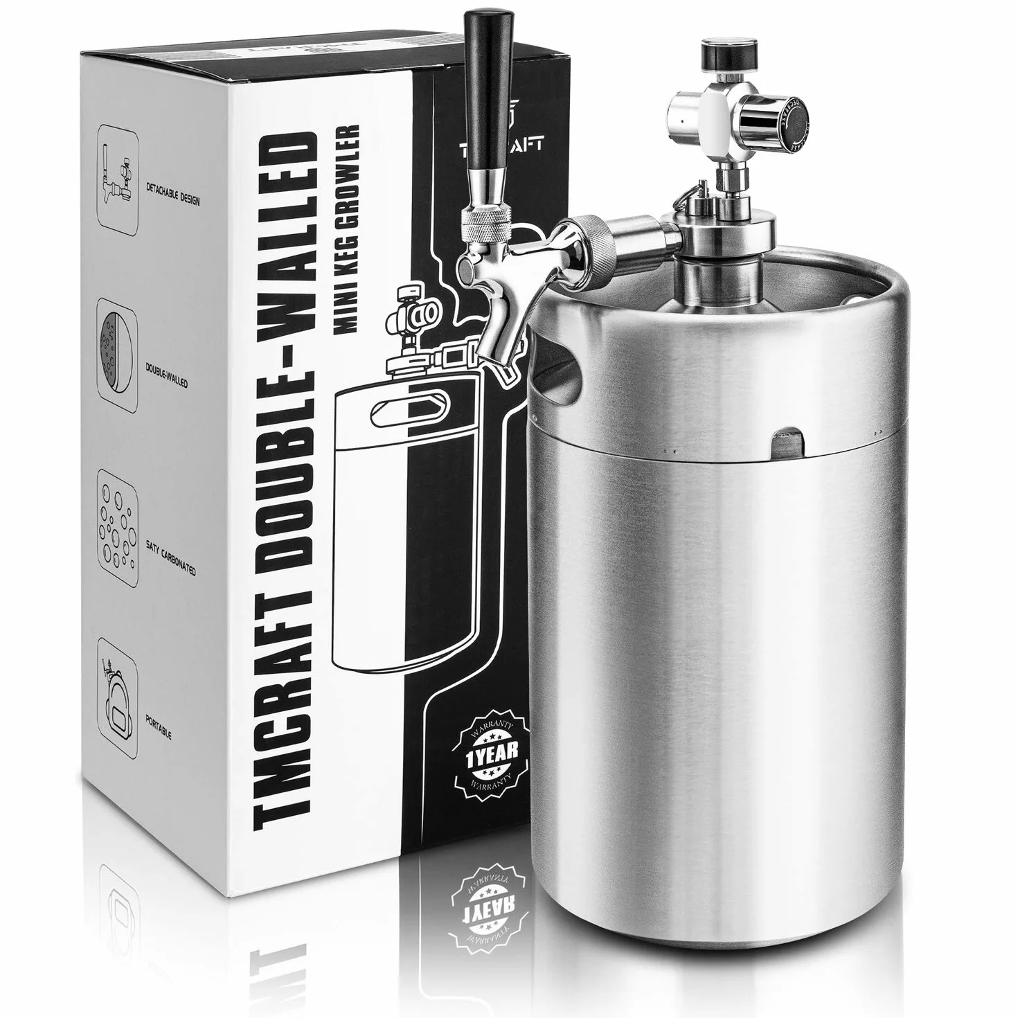 TMCRAFT Mini barril de doble pared de 3,628.7 g, sistema dispensador de cerveza casero regulado a presión con grifo extraíble y regulador, mantiene la frescura y la carbonatación para cerveza