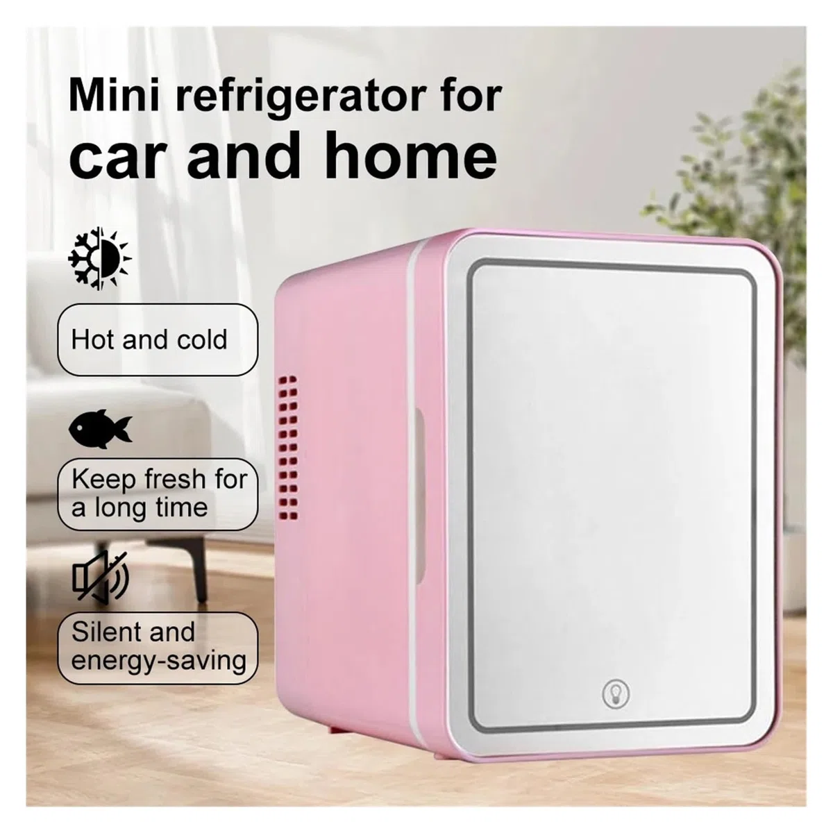 Mini refrigerador de 4L for Coche, cosméticos, Cuidado de la Piel, Espejo LED, refrigerador doméstico, Portal con reducción de Ruido, congelador pequeño, refrigeración(Pink- US Plug)