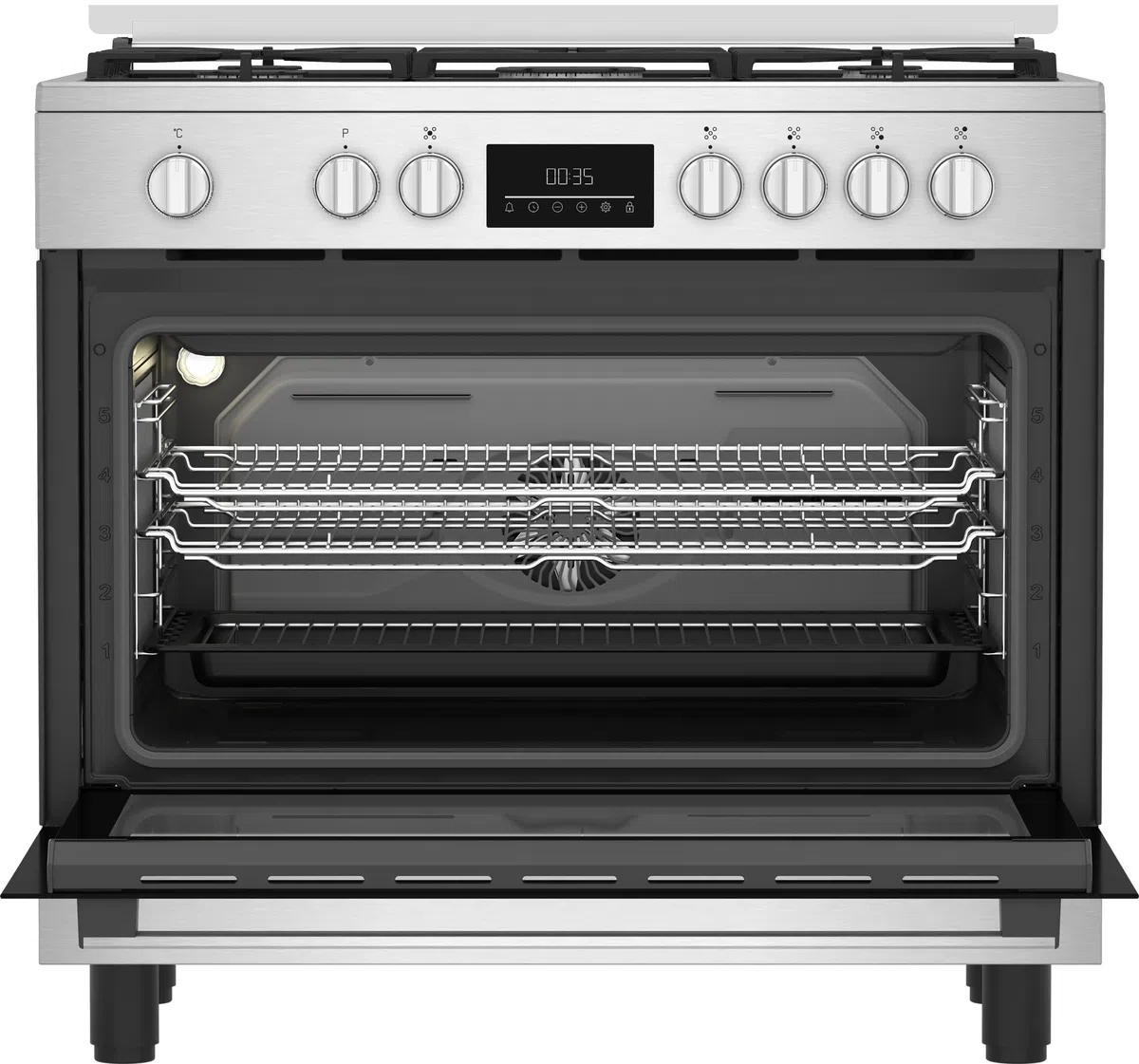 Beko Cocina de gas 90 x 60 cm, BGM11226EX, serie bPRO 500, horno multifunción 111L, placa de cocción de 5 fuegos con triple corona, rejillas de hierro fundido, control táctil, inoxidable/negro, clase