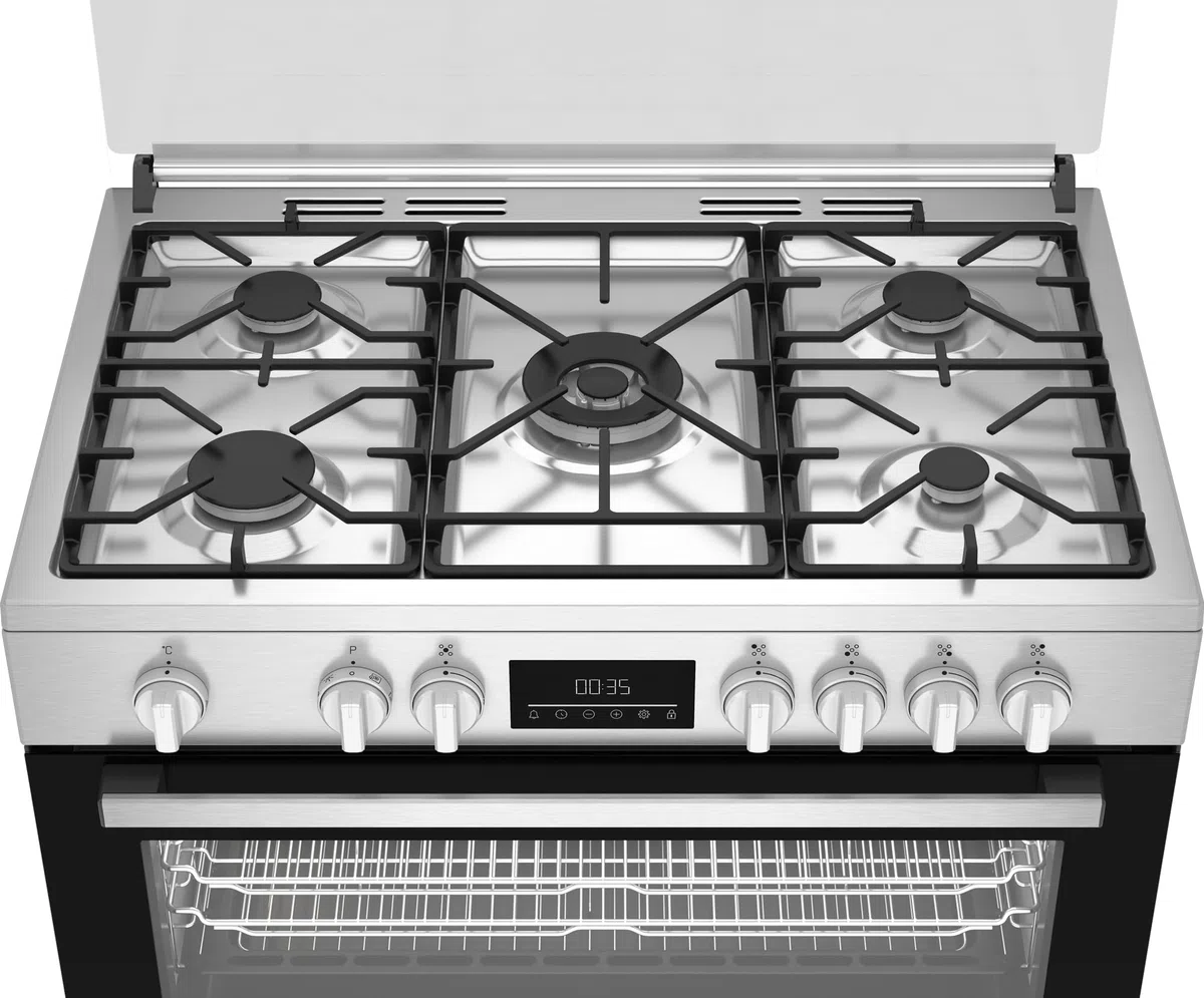 Beko Cocina de gas 90 x 60 cm, BGM11226EX, serie bPRO 500, horno multifunción 111L, placa de cocción de 5 fuegos con triple corona, rejillas de hierro fundido, control táctil, inoxidable/negro, clase