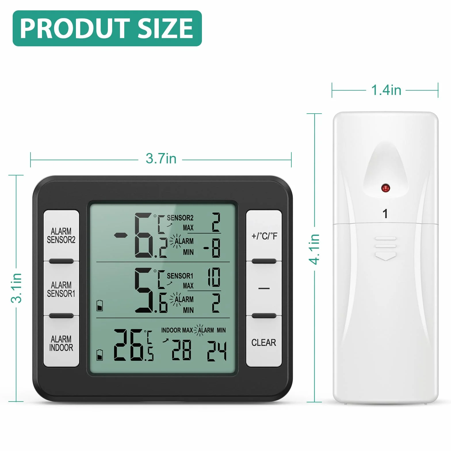 ORIA Termómetro Refrigerador Congelador Digital 2 Sensores Pantalla LCD Alarma Audible Registro Max/Min Negro