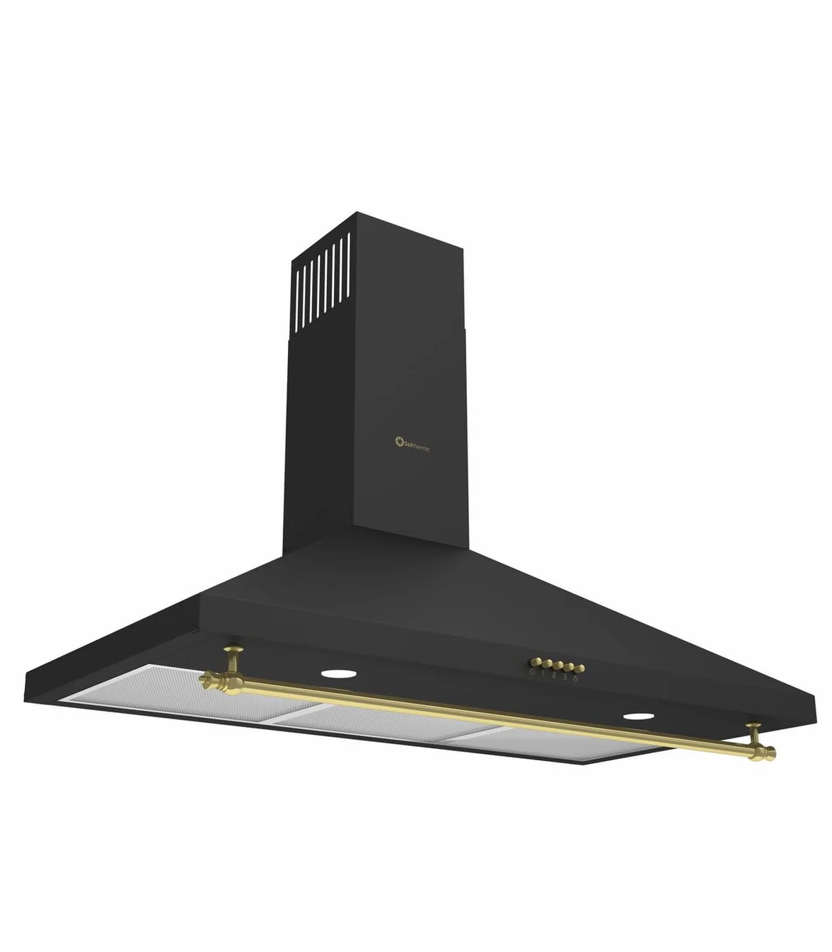 SOLTHERMIC H90PR CAMPANA DECORATIVA ESTILO RUSTICO NEGRA CON RIBETES DORADOS/ANCHO 90 CM / 2 LAMPARAS LED/FILTROS METÁLICOS / 550 m3, FILTROS LAVABLES ""ALTA GAMA""