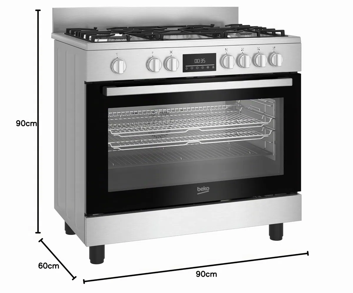 Beko Cocina de gas 90 x 60 cm, BGM11226EX, serie bPRO 500, horno multifunción 111L, placa de cocción de 5 fuegos con triple corona, rejillas de hierro fundido, control táctil, inoxidable/negro, clase