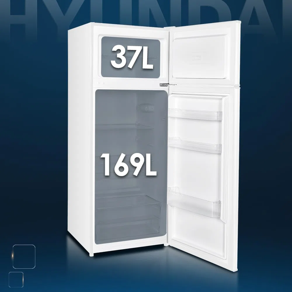 Hyundai Frigorífico Estandar Blanco, 2 Puertas HFG14355E01, Capacidad 206 Litros, Cíclica, Bajo Nivel Sonoro, Puerta Reversible, Clasificación Energética E