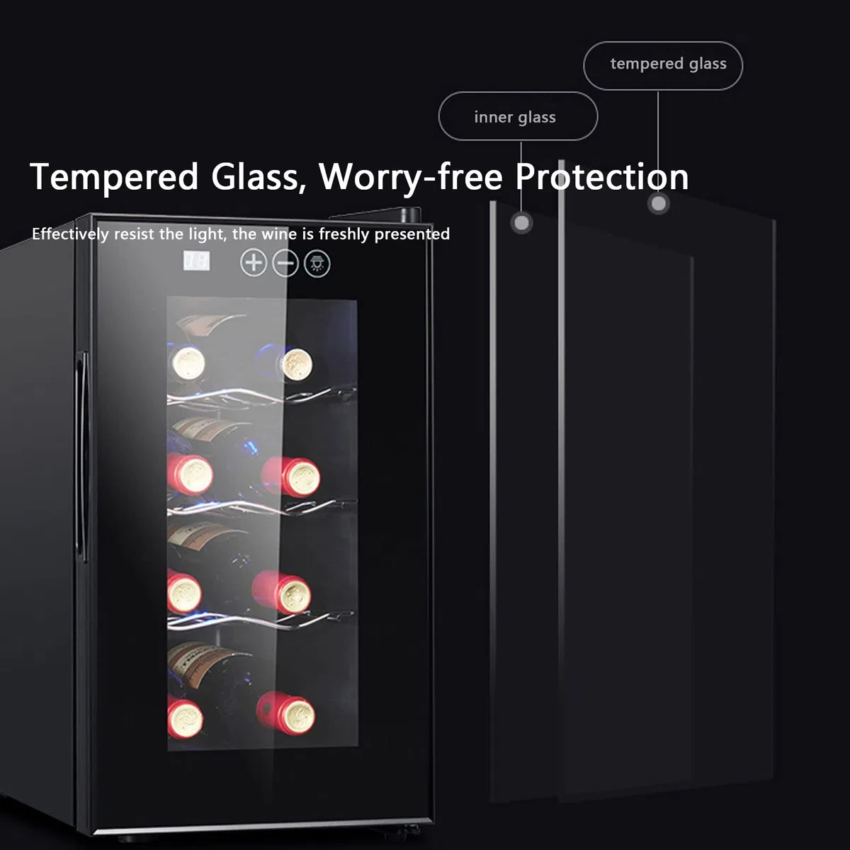 Enfriador Cava de Vinos para 8 Botellas con Panel de Control Digital, Evita Vibraciones, Iluminación LED, 8-18℃ Nevera Vinos con Estantes Extraíbles, 23L, Vinotecas Pequeñas, Negro