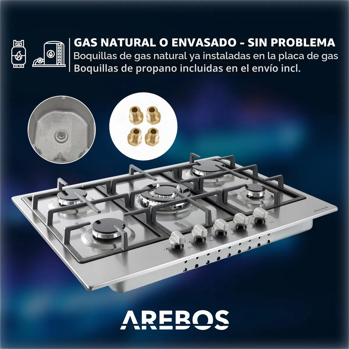 Arebos Placa de Cocina de Gas con 5 fogones | Acero inoxidable | Incluye rejilla y piloto de seguridad | Autosuficiente| Encimera Apta para gas natural y propano