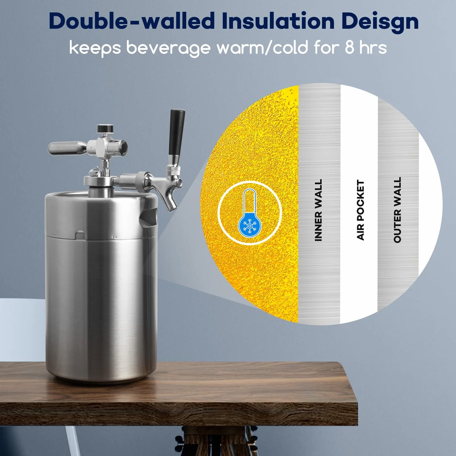 TMCRAFT Mini barril de doble pared de 3,628.7 g, sistema dispensador de cerveza casero regulado a presión con grifo extraíble y regulador, mantiene la frescura y la carbonatación para cerveza