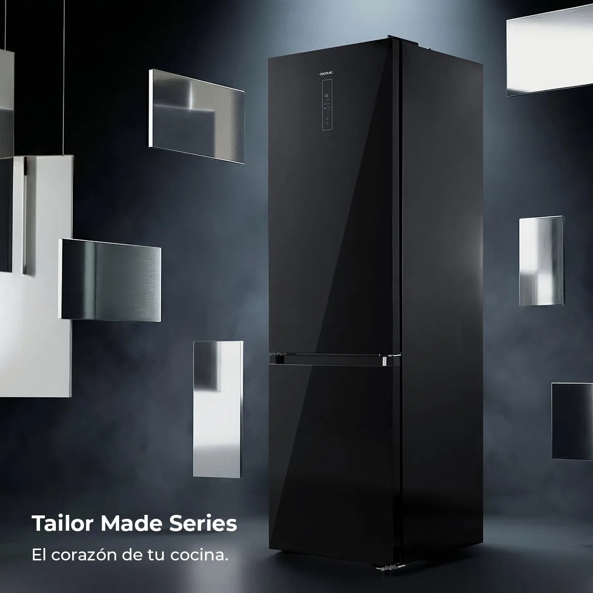 Cecotec Frigorífico Combi No Frost de 405L Bolero CoolMarket Combi 405 MC Elite Black Glass D. 200 cm de Alto, 59,5 cm de Ancho, Clase D, MetalFlex Cooling, Fresh Flex, Interior en Elite Grey, Negro