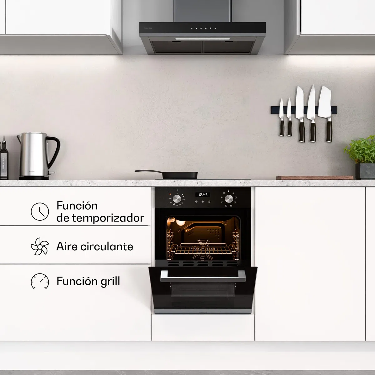 Klarstein Verosteel Horno Eléctrico Empotrable 45 cm - 49L, 8 Modos, Clase A, Acero Inoxidable & Cristal Negro, Fácil Limpieza, Temporizador, Horno Integrable Compacto