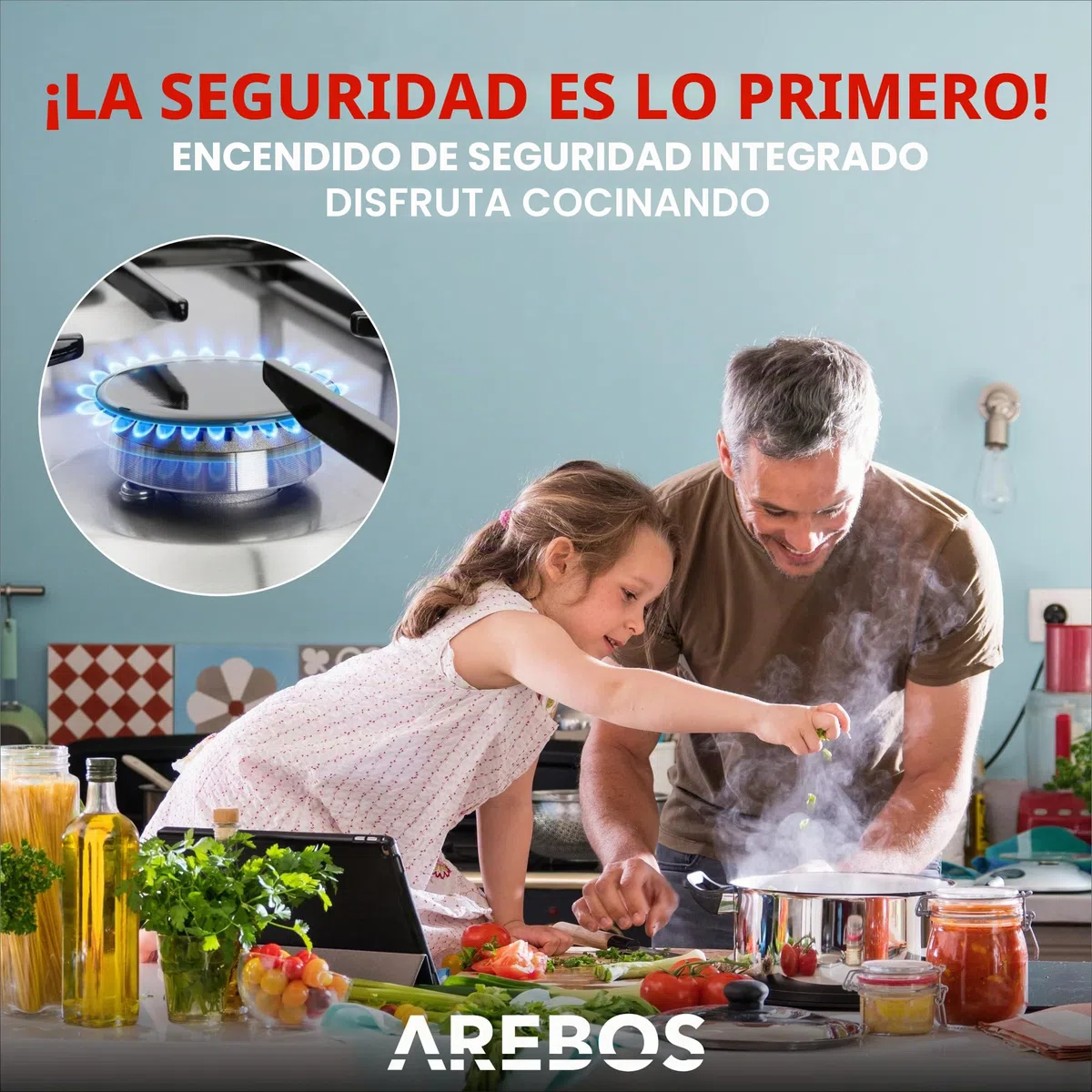 Arebos Placa de Cocina de Gas con 5 fogones | Acero inoxidable | Incluye rejilla y piloto de seguridad | Autosuficiente| Encimera Apta para gas natural y propano