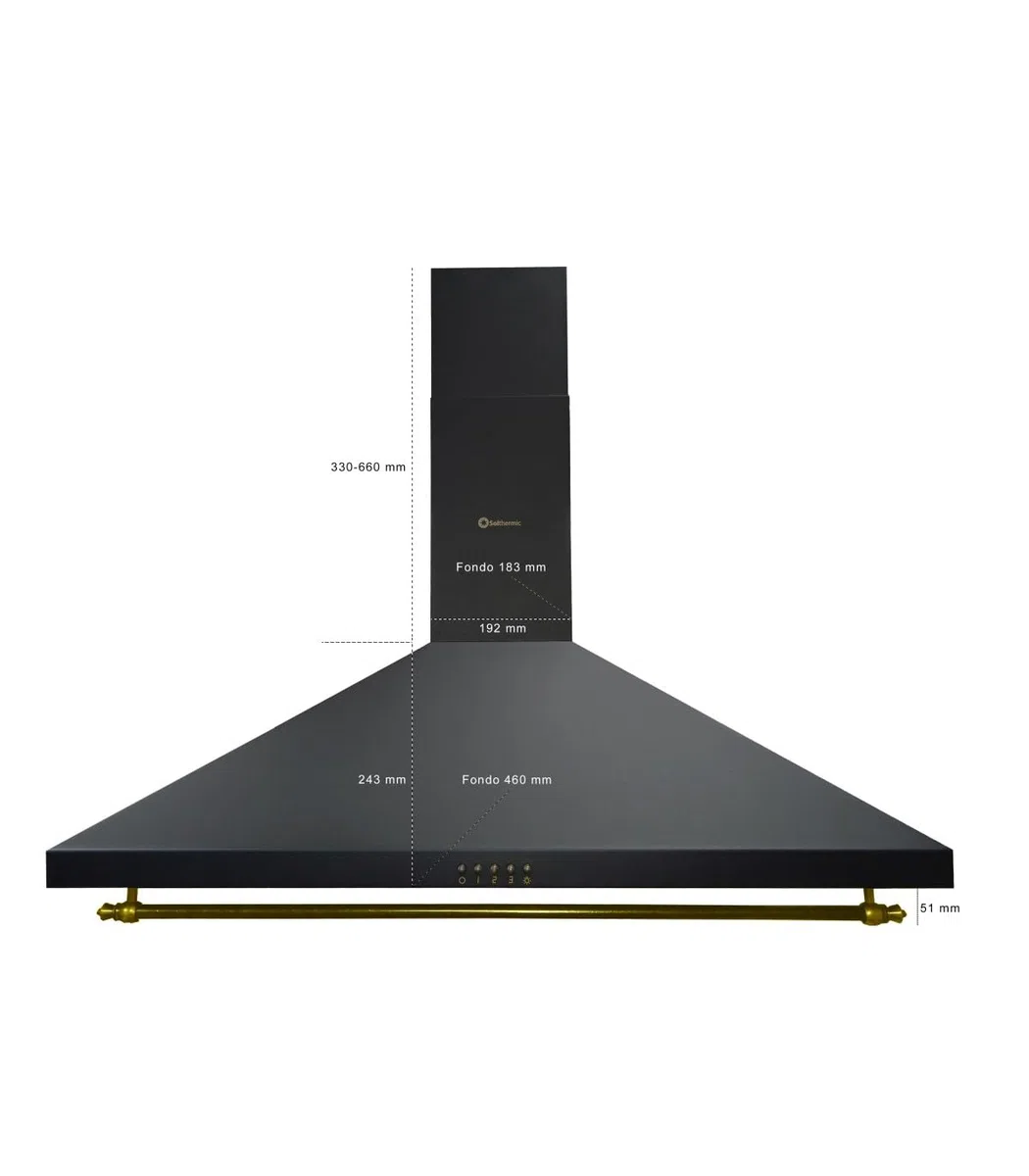 SOLTHERMIC H90PR CAMPANA DECORATIVA ESTILO RUSTICO NEGRA CON RIBETES DORADOS/ANCHO 90 CM / 2 LAMPARAS LED/FILTROS METÁLICOS / 550 m3, FILTROS LAVABLES ""ALTA GAMA""